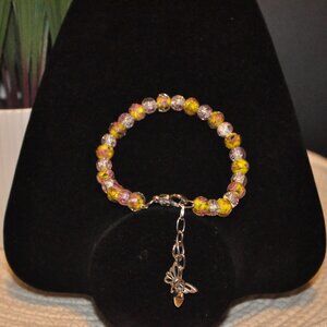 Yellow and Pink Inset Glass Beaded Bracelet w/ Butterfly Charm